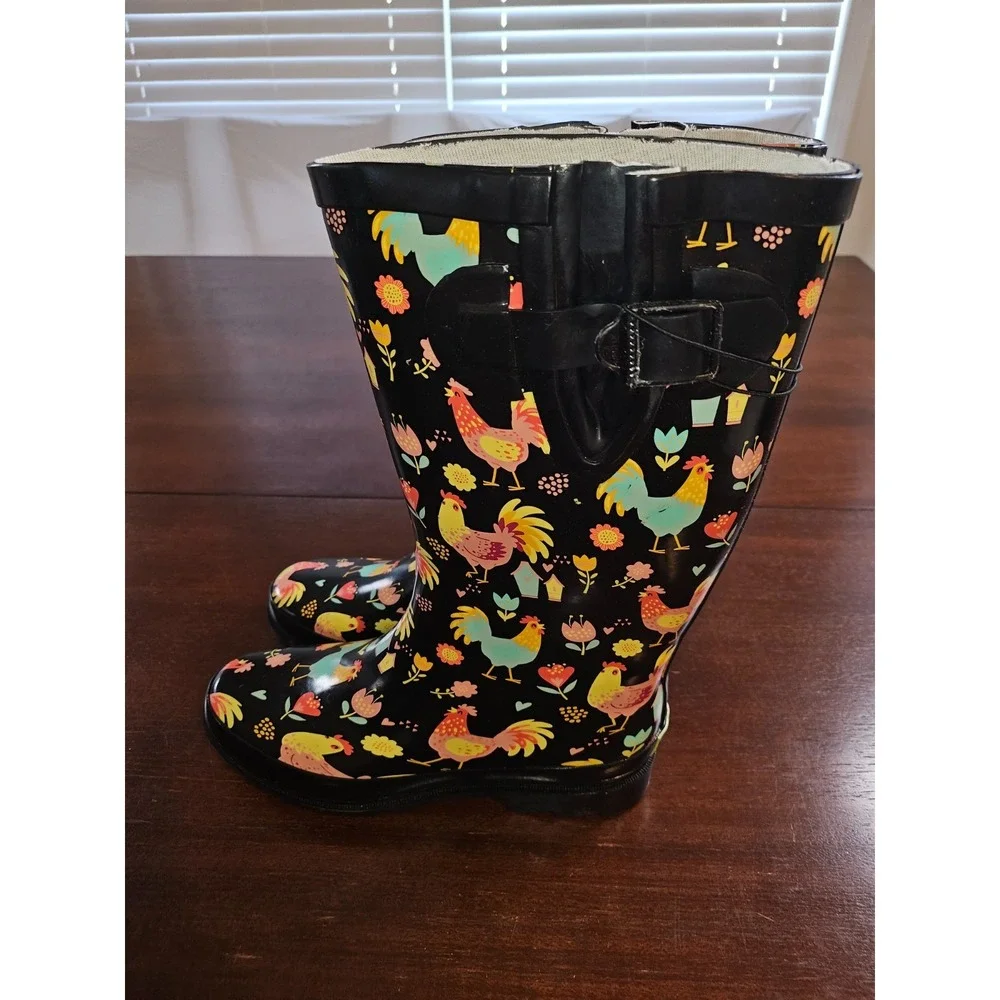 Western Chief Chicken Rooster & Floral Rain Boots Women's 7‎ Waterproof NEW